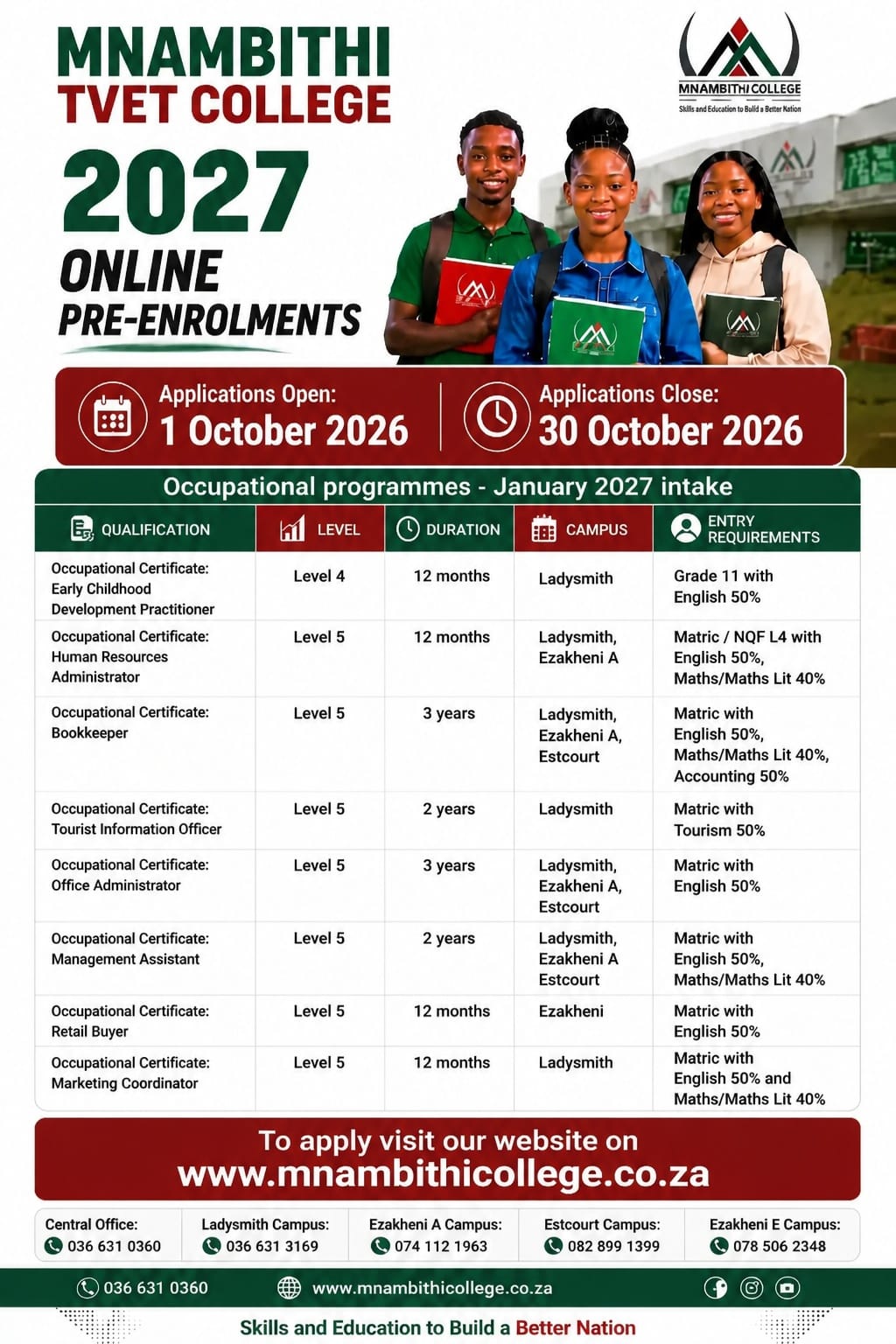 mnambithi tvet 2027 online pre enrollments occupational new
